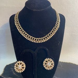 Vtg HOPE CHEST Demi parure gold and rhinestone necklace and clip on earrings